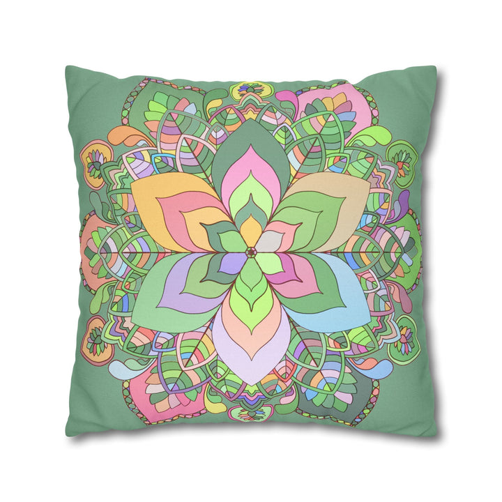 Spun Polyester Square Pillowcase Mandala Art - Original Fine Art - Hand - drawn - Pastel colors, Light Moss Green - Blululi