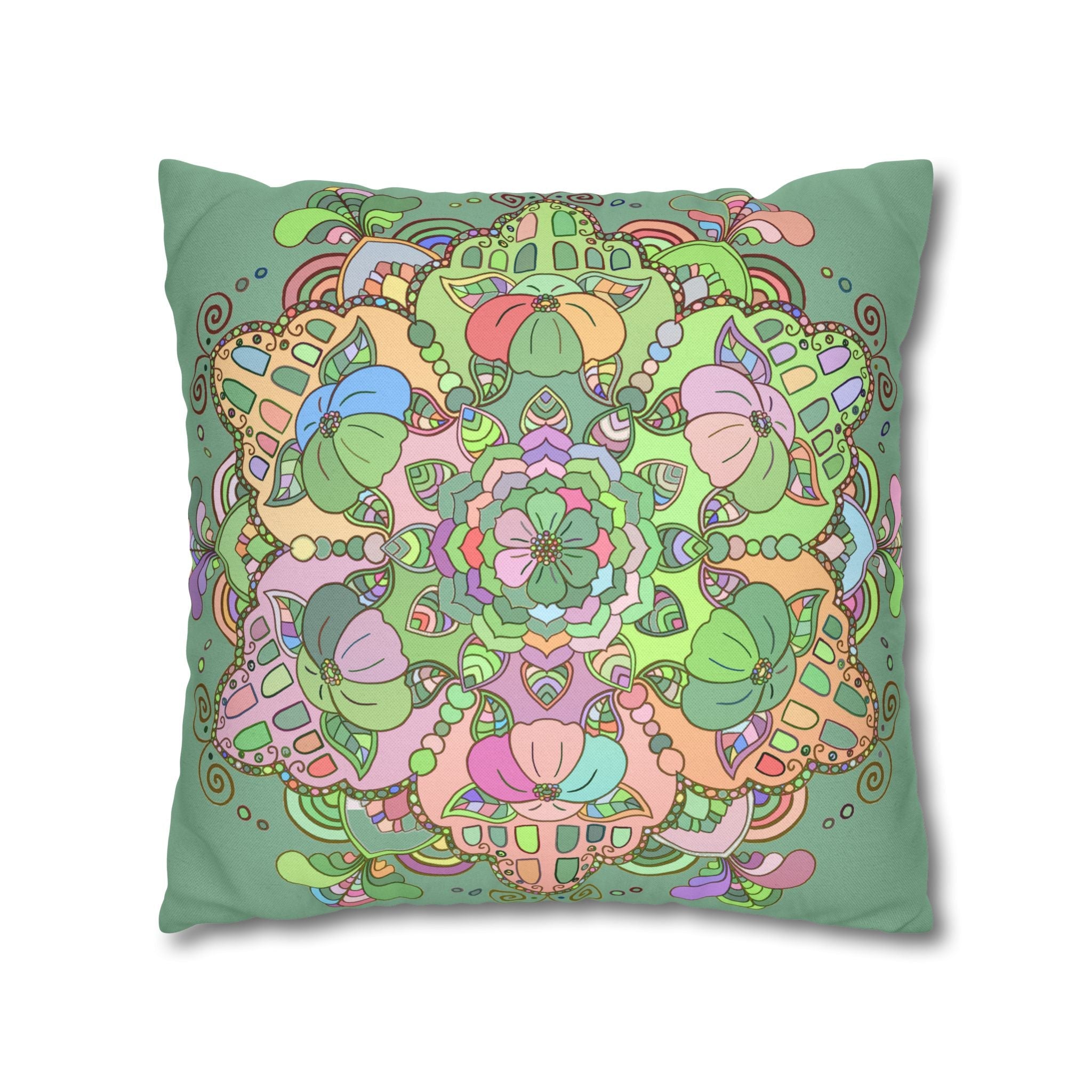 Spun Polyester Square Pillowcase Mandala Art - Original Fine Art - Hand - drawn - Pastel colors, Light Moss Green - Blululi