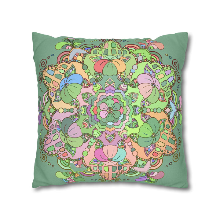 Spun Polyester Square Pillowcase Mandala Art - Original Fine Art - Hand - drawn - Pastel colors, Light Moss Green - Blululi