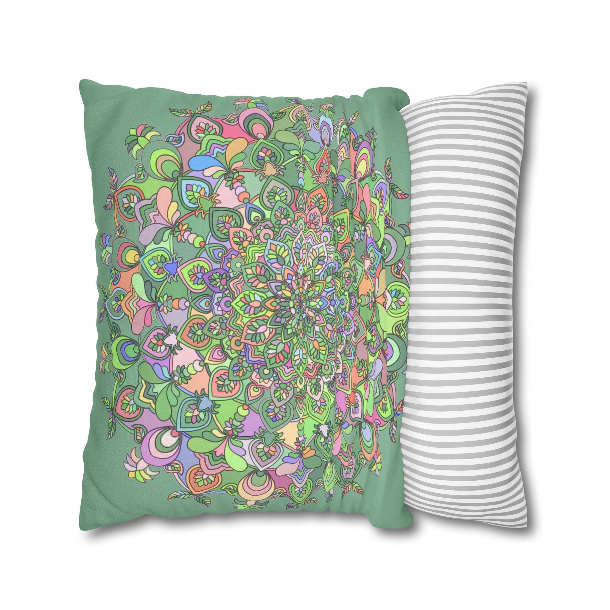 Spun Polyester Square Pillowcase Mandala Art - Original Fine Art - Hand - drawn - Pastel colors, Light Moss Green - Blululi