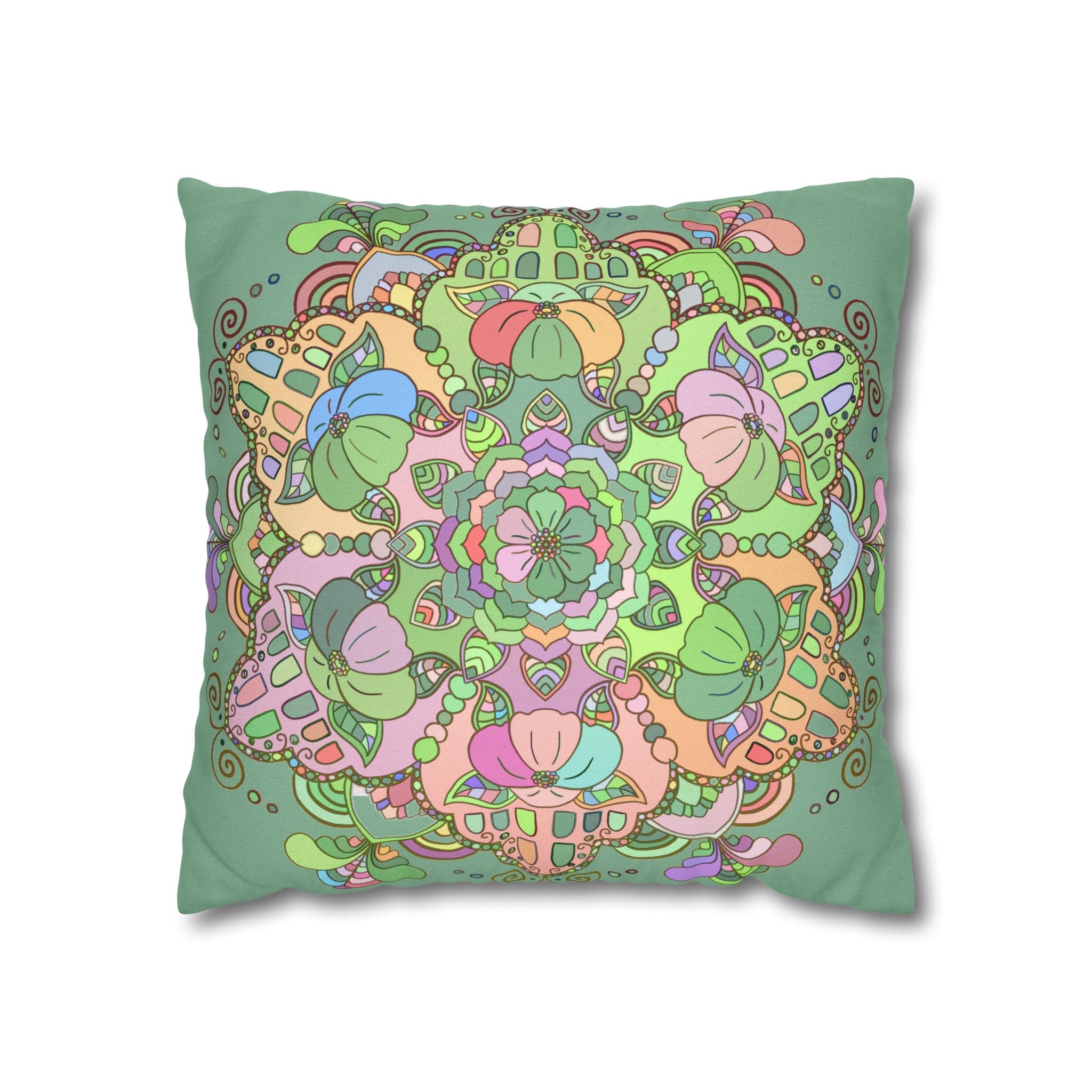 Spun Polyester Square Pillowcase Mandala Art - Original Fine Art - Hand - drawn - Pastel colors, Light Moss Green - Blululi