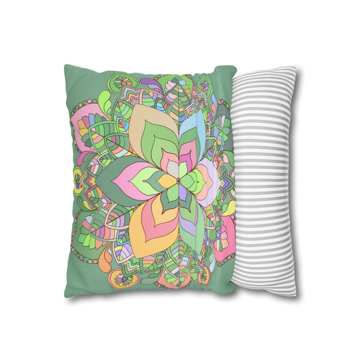 Spun Polyester Square Pillowcase Mandala Art - Original Fine Art - Hand - drawn - Pastel colors, Light Moss Green - Blululi