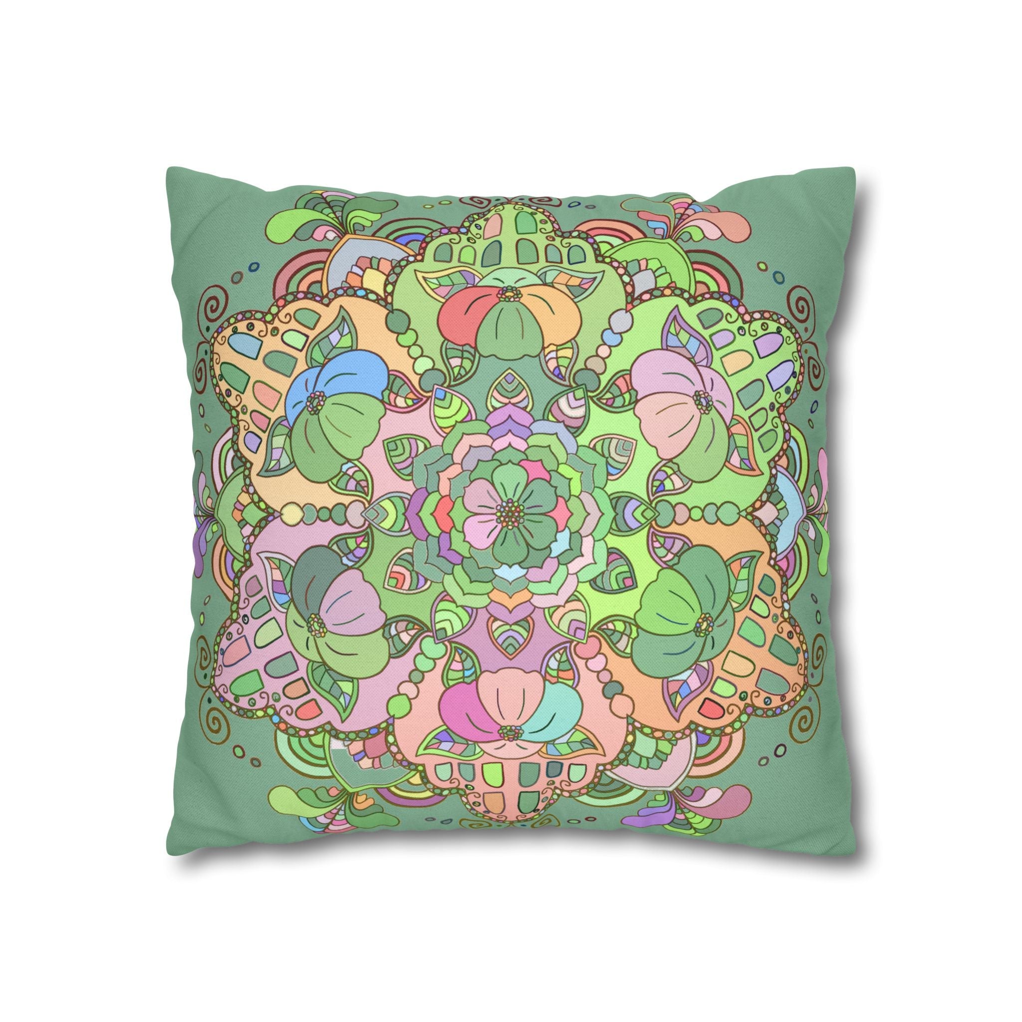 Spun Polyester Square Pillowcase Mandala Art - Original Fine Art - Hand - drawn - Pastel colors, Light Moss Green - Blululi