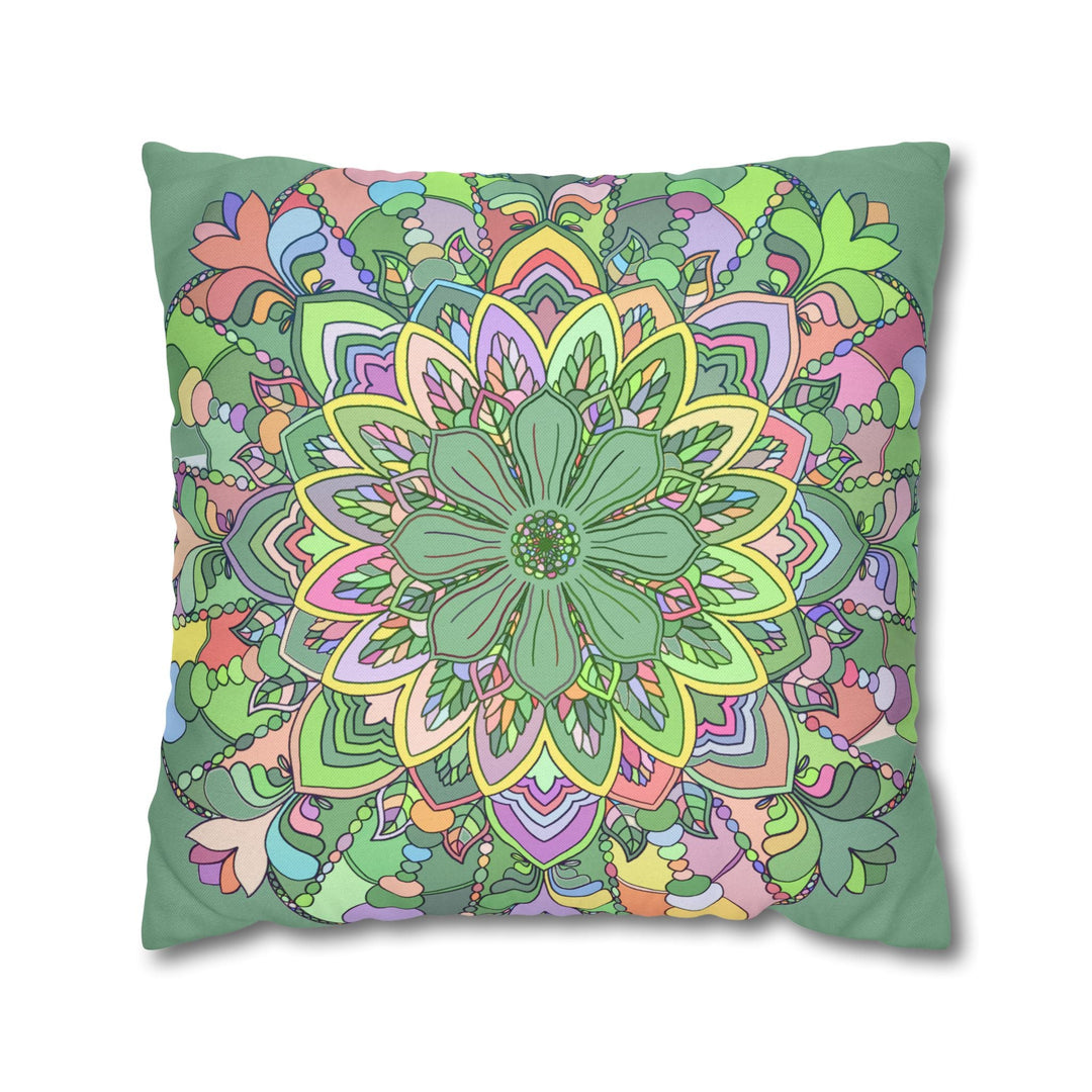 Spun Polyester Square Pillowcase Mandala Art - Original Fine Art - Hand - drawn - Pastel colors, Light Moss Green - Blululi