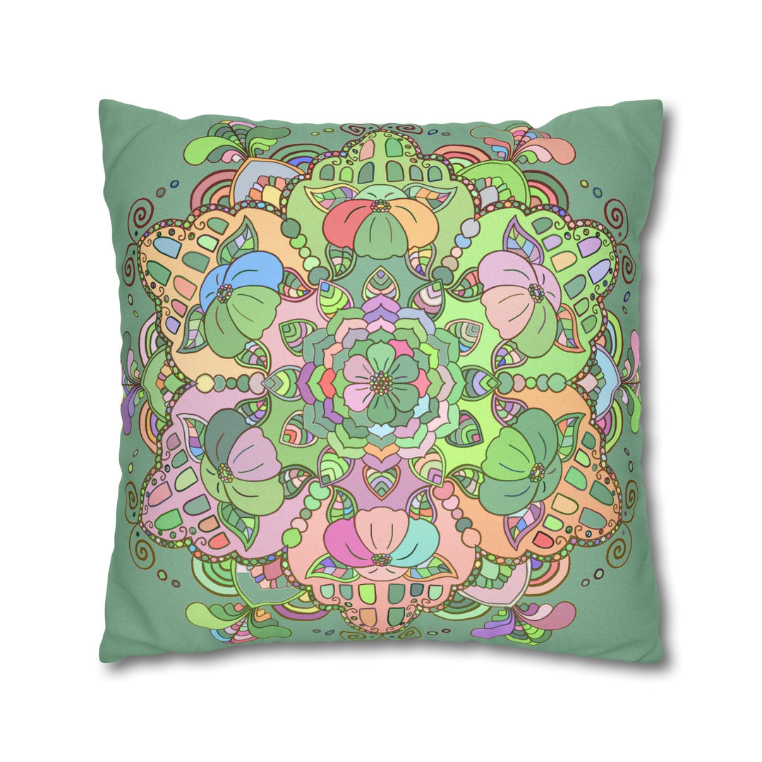 Spun Polyester Square Pillowcase Mandala Art - Original Fine Art - Hand - drawn - Pastel colors, Light Moss Green - Blululi