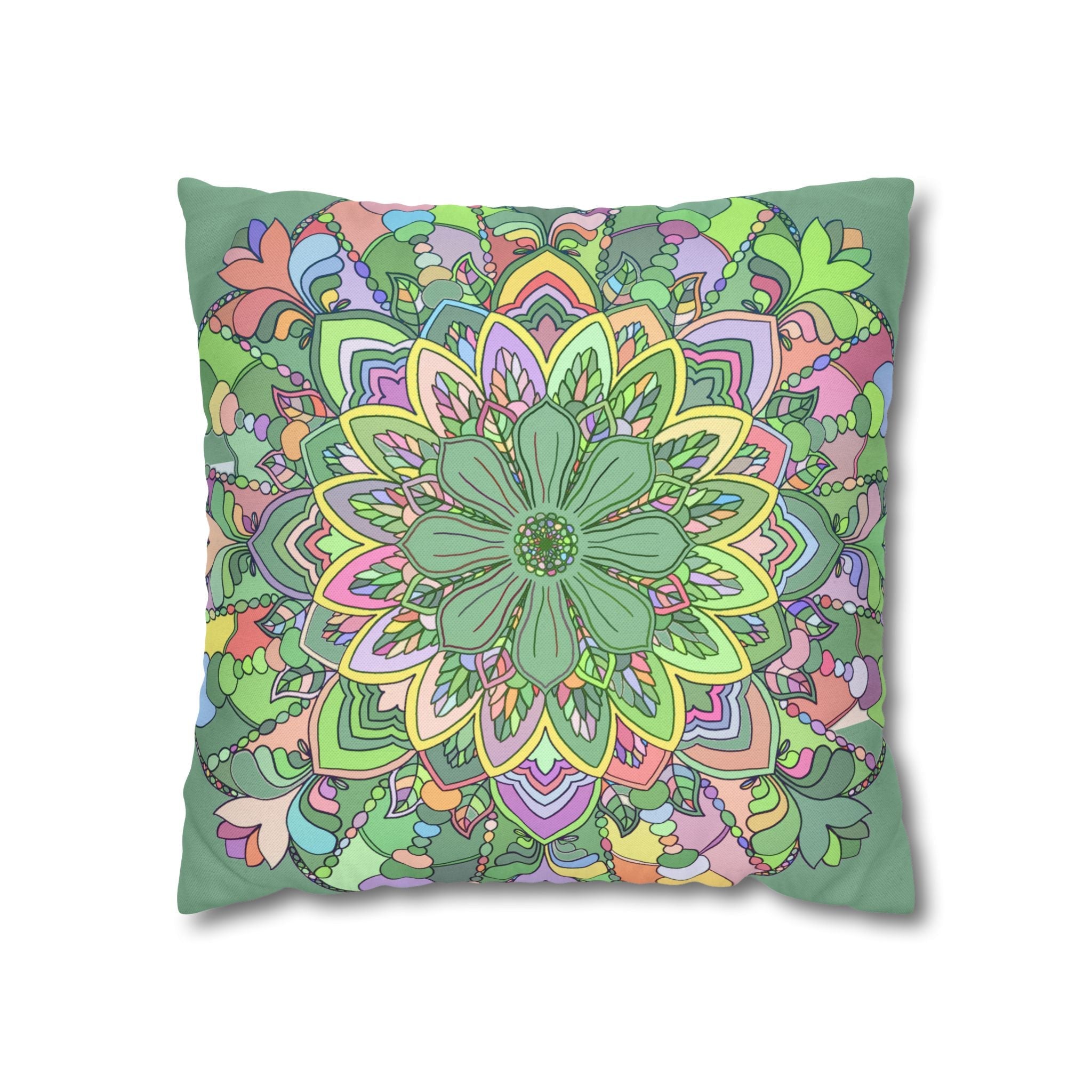 Spun Polyester Square Pillowcase Mandala Art - Original Fine Art - Hand - drawn - Pastel colors, Light Moss Green - Blululi