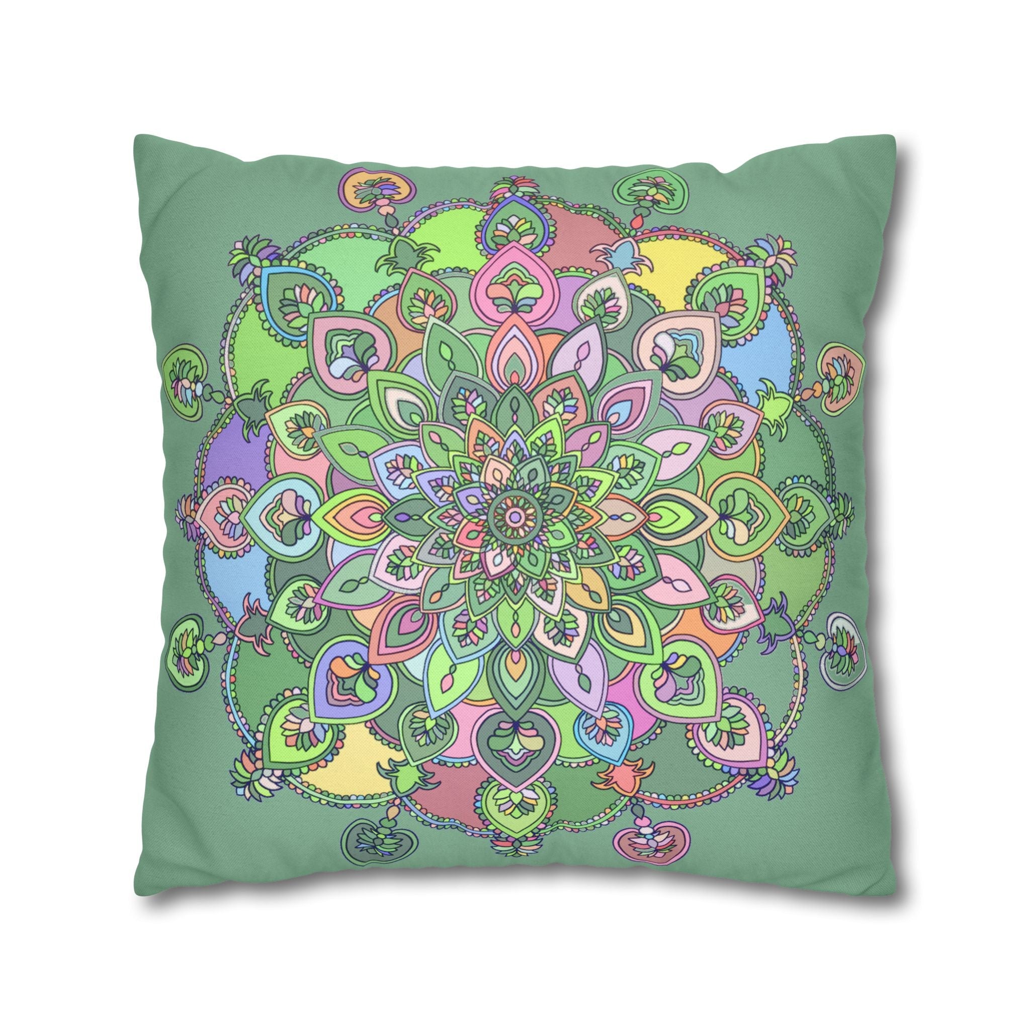 Spun Polyester Square Pillowcase Mandala Art - Original Fine Art - Hand - drawn - Pastel colors, Light Moss Green - Blululi