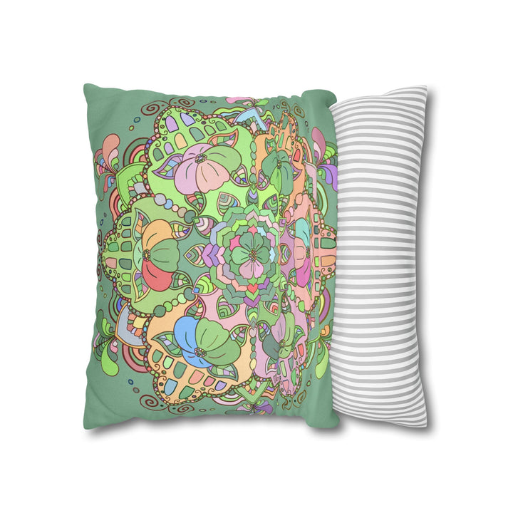 Spun Polyester Square Pillowcase Mandala Art - Original Fine Art - Hand - drawn - Pastel colors, Light Moss Green - Blululi