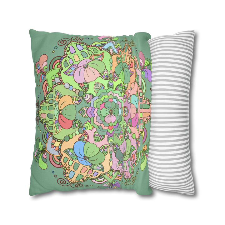 Spun Polyester Square Pillowcase Mandala Art - Original Fine Art - Hand - drawn - Pastel colors, Light Moss Green - Blululi