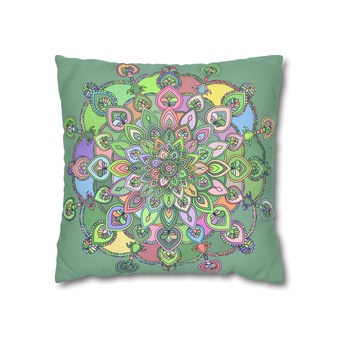 Spun Polyester Square Pillowcase Mandala Art - Original Fine Art - Hand - drawn - Pastel colors, Light Moss Green - Blululi