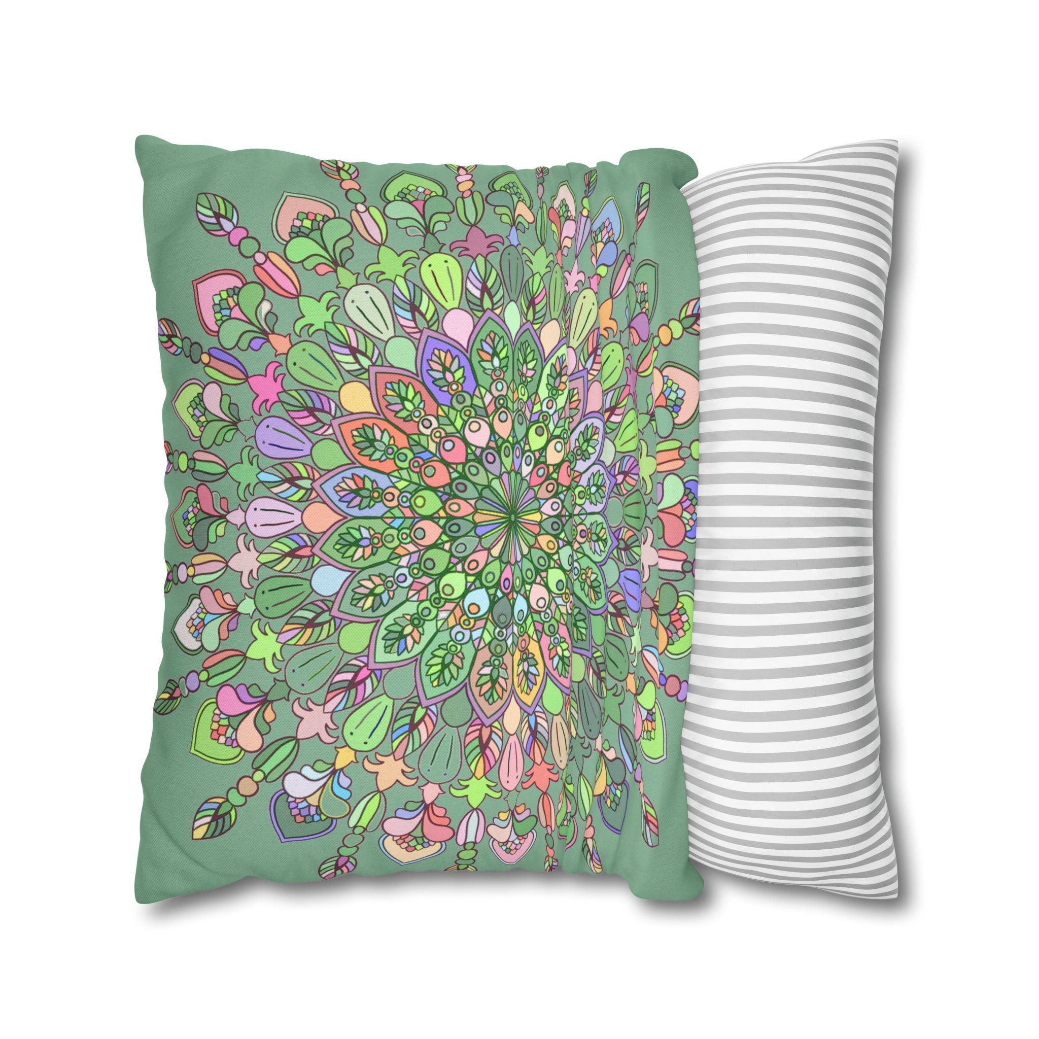 Spun Polyester Square Pillowcase Mandala Art - Original Fine Art - Hand - drawn - Pastel colors, Light Moss Green - Blululi