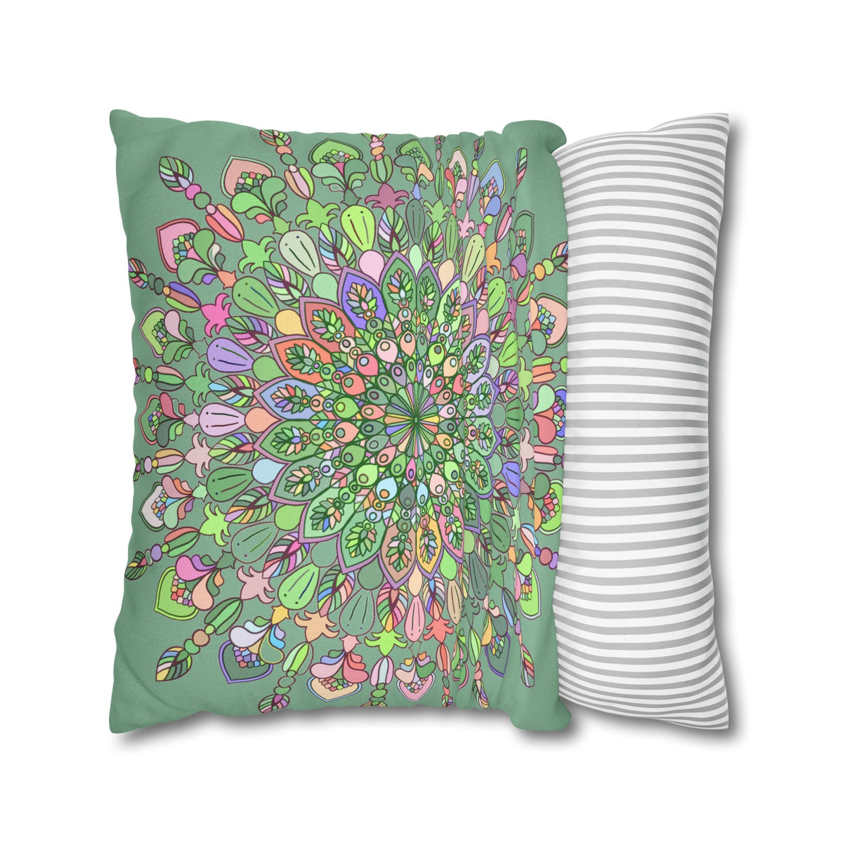 Spun Polyester Square Pillowcase Mandala Art - Original Fine Art - Hand - drawn - Pastel colors, Light Moss Green - Blululi