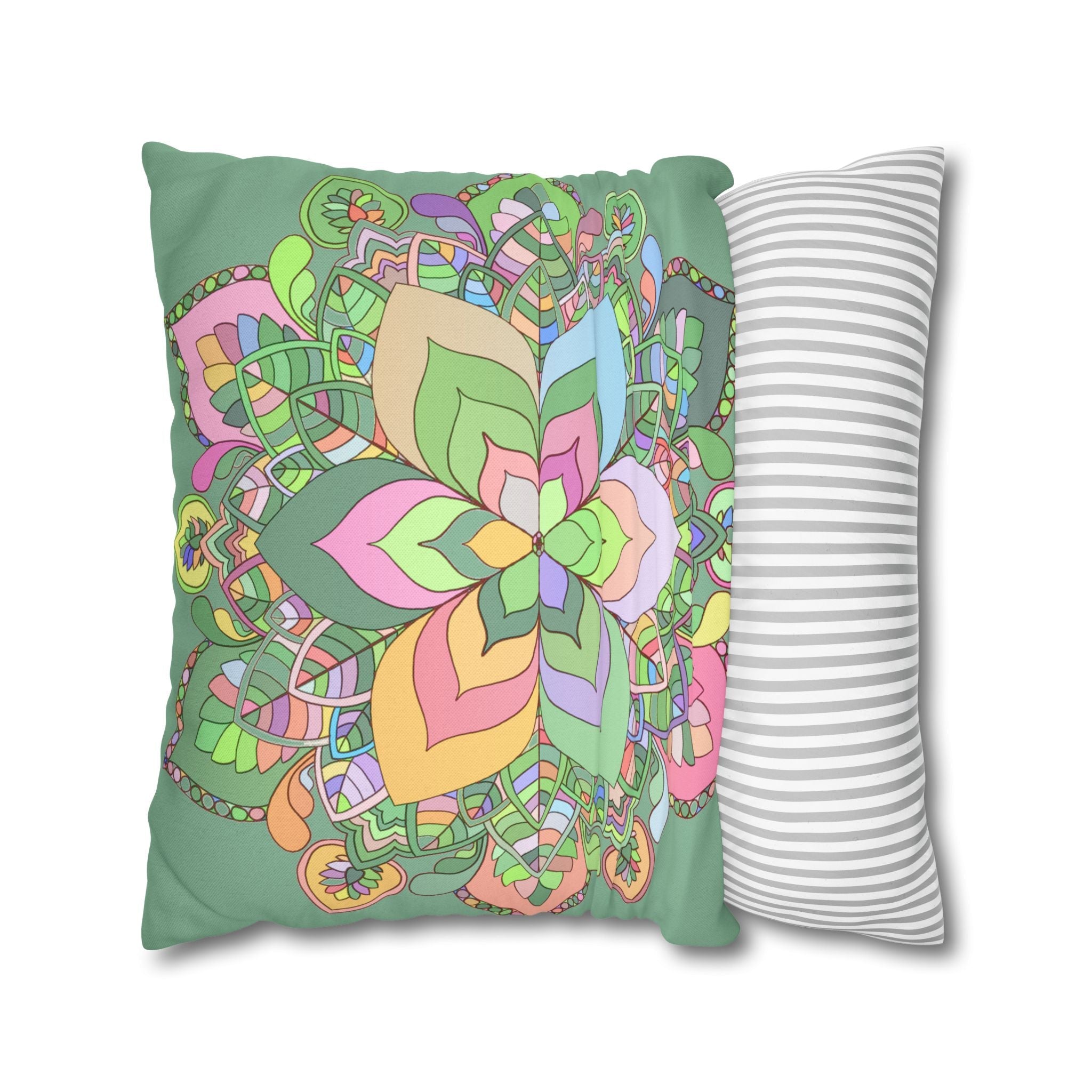 Spun Polyester Square Pillowcase Mandala Art - Original Fine Art - Hand - drawn - Pastel colors, Light Moss Green - Blululi