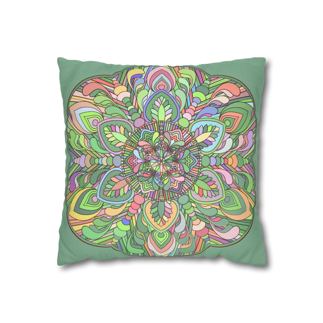 Spun Polyester Square Pillowcase Mandala Art - Original Fine Art - Hand - drawn - Pastel colors, Light Moss Green - Blululi