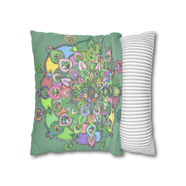 Spun Polyester Square Pillowcase Mandala Art - Original Fine Art - Hand - drawn - Pastel colors, Light Moss Green - Blululi