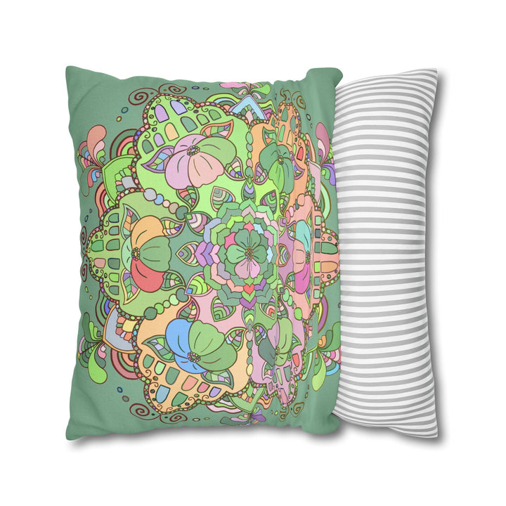 Spun Polyester Square Pillowcase Mandala Art - Original Fine Art - Hand - drawn - Pastel colors, Light Moss Green - Blululi