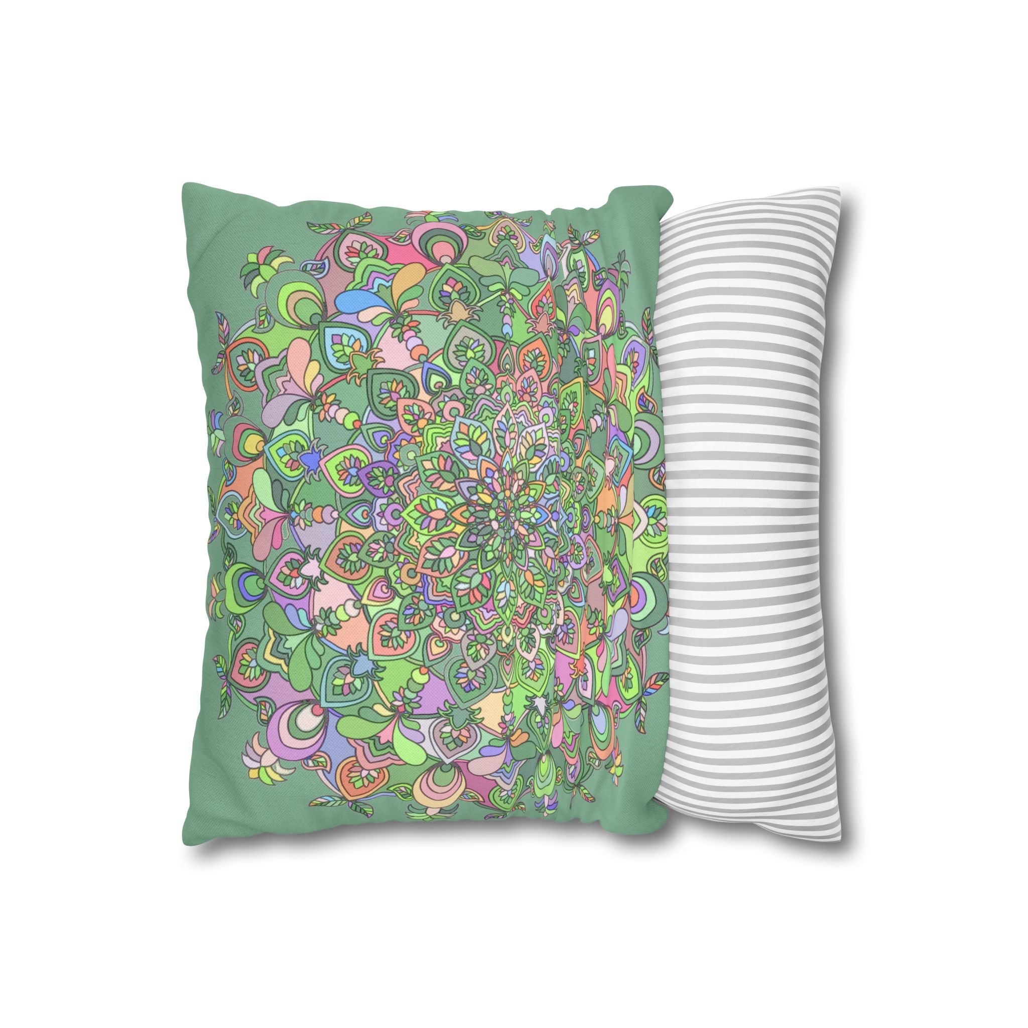 Spun Polyester Square Pillowcase Mandala Art - Original Fine Art - Hand - drawn - Pastel colors, Light Moss Green - Blululi