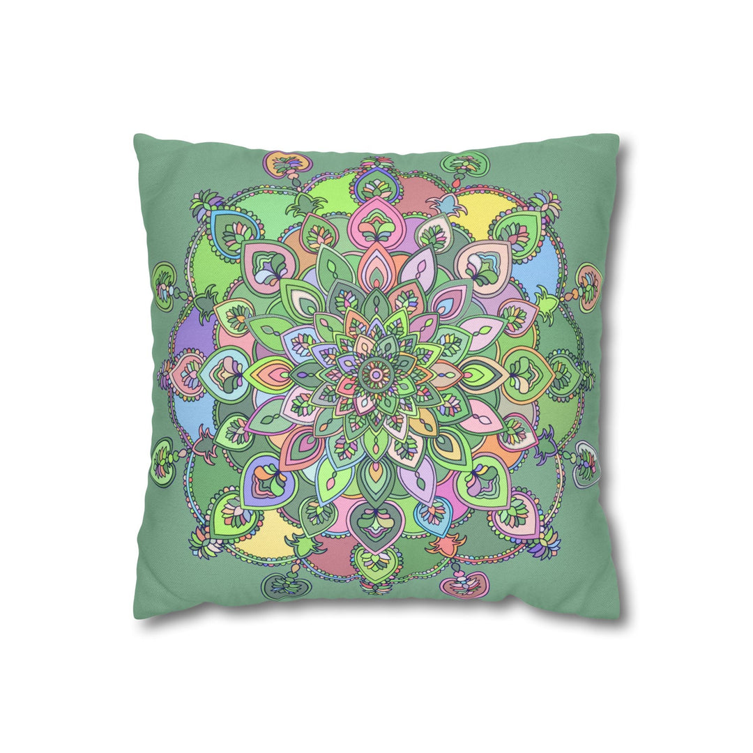 Spun Polyester Square Pillowcase Mandala Art - Original Fine Art - Hand - drawn - Pastel colors, Light Moss Green - Blululi