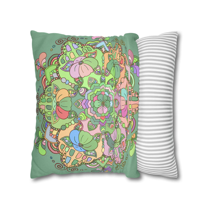 Spun Polyester Square Pillowcase Mandala Art - Original Fine Art - Hand - drawn - Pastel colors, Light Moss Green - Blululi