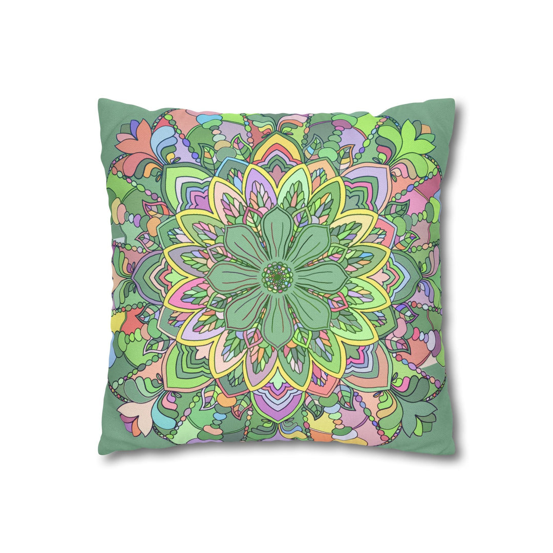 Spun Polyester Square Pillowcase Mandala Art - Original Fine Art - Hand - drawn - Pastel colors, Light Moss Green - Blululi