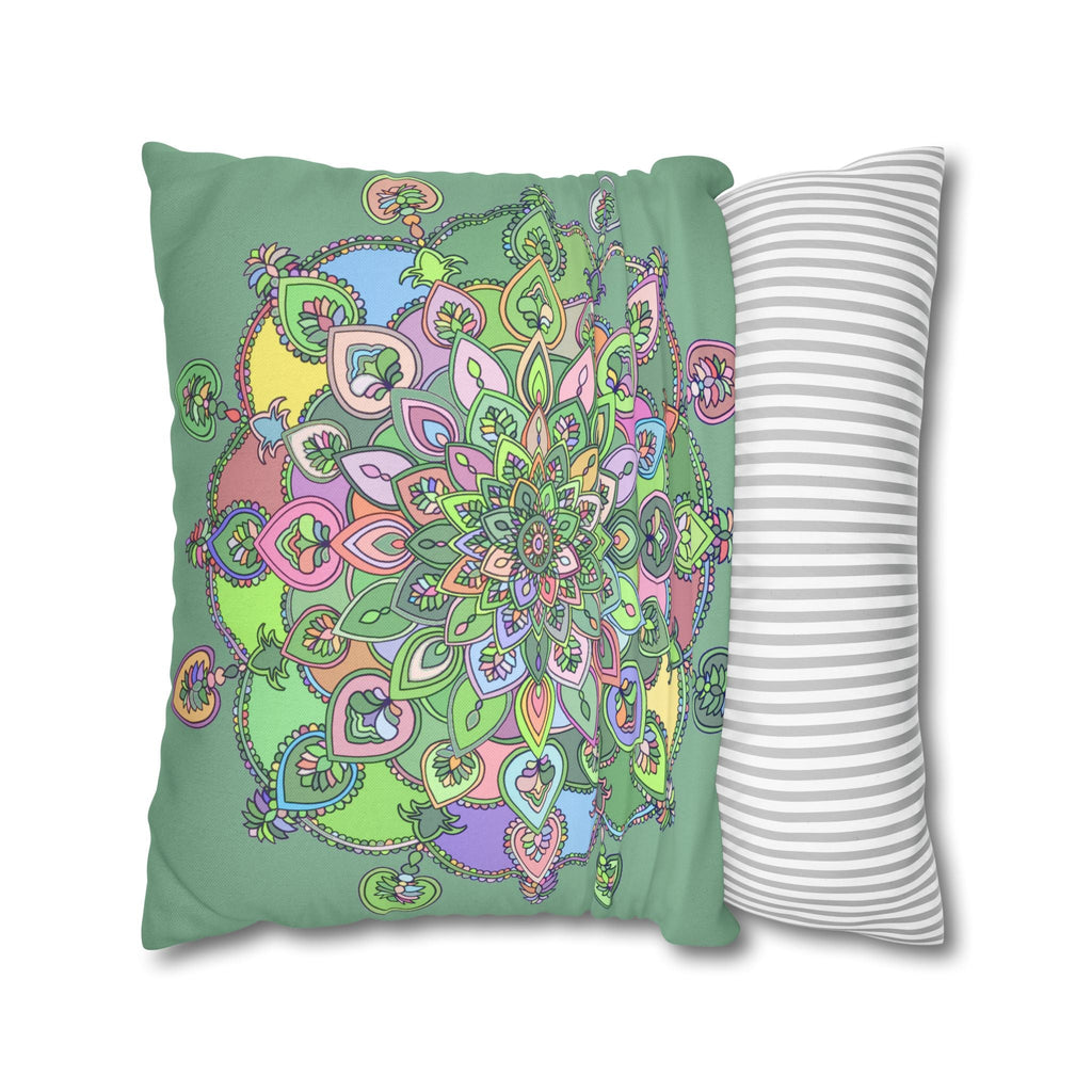 Spun Polyester Square Pillowcase Mandala Art - Original Fine Art - Hand - drawn - Pastel colors, Light Moss Green - Blululi