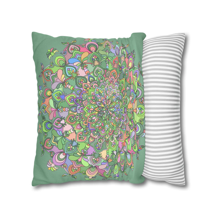 Spun Polyester Square Pillowcase Mandala Art - Original Fine Art - Hand - drawn - Pastel colors, Light Moss Green - Blululi