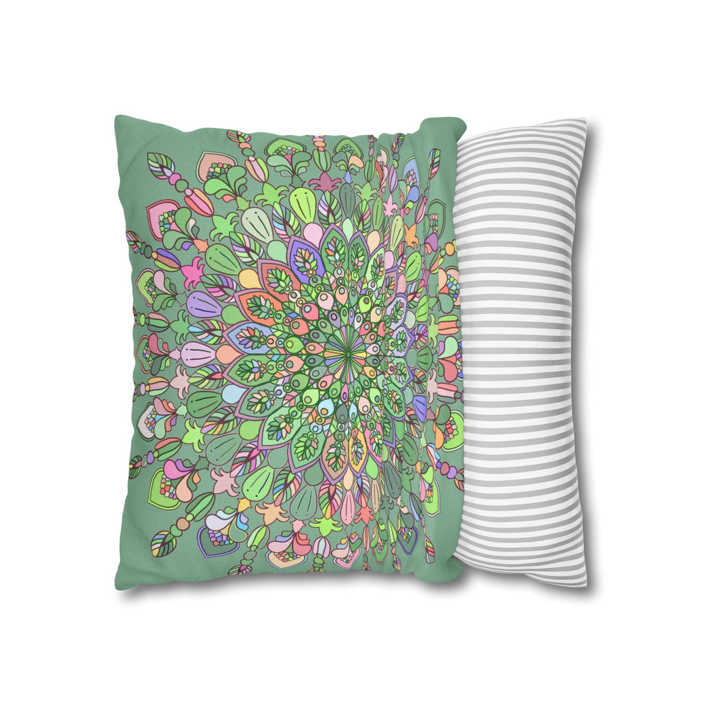 Spun Polyester Square Pillowcase Mandala Art - Original Fine Art - Hand - drawn - Pastel colors, Light Moss Green - Blululi