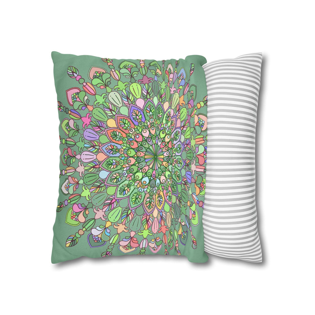 Spun Polyester Square Pillowcase Mandala Art - Original Fine Art - Hand - drawn - Pastel colors, Light Moss Green - Blululi