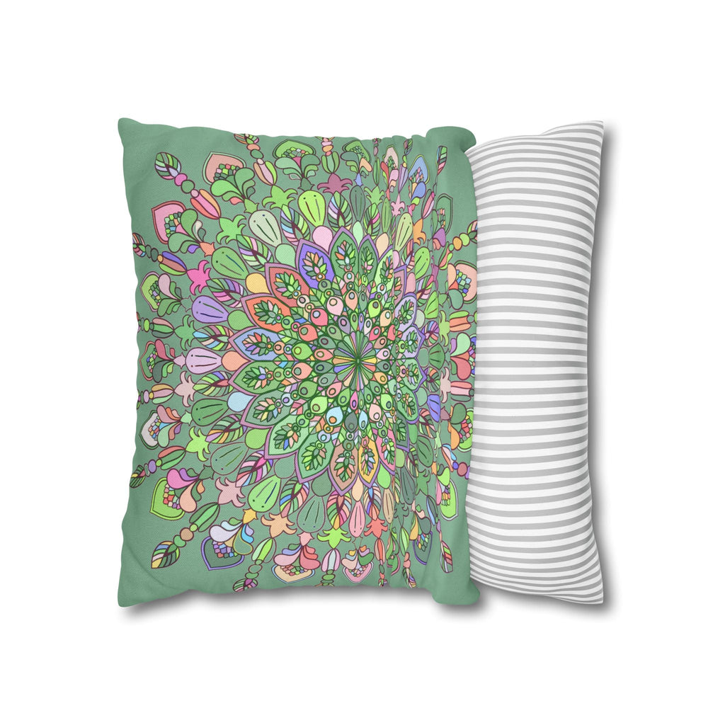 Spun Polyester Square Pillowcase Mandala Art - Original Fine Art - Hand - drawn - Pastel colors, Light Moss Green - Blululi