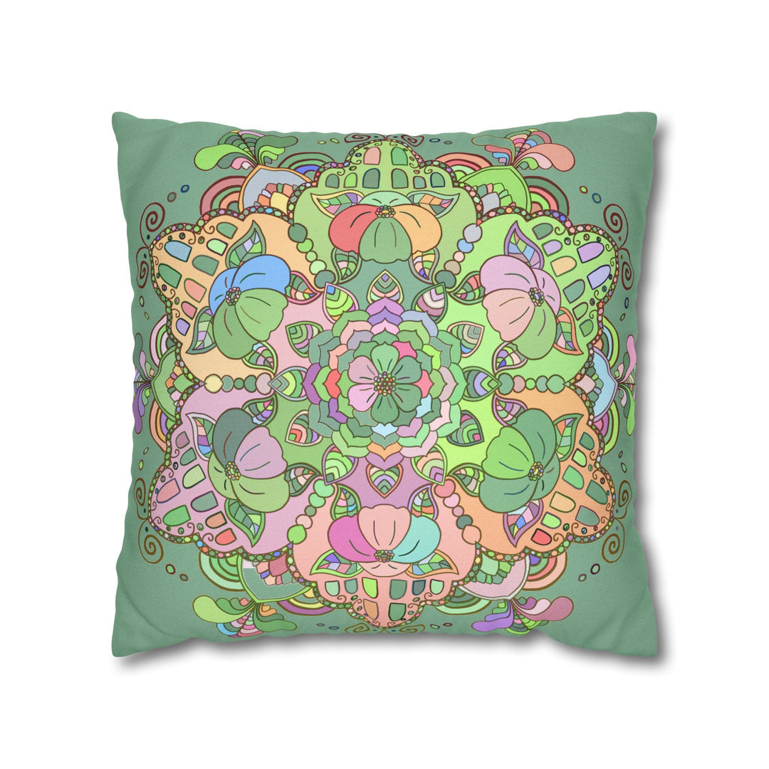 Spun Polyester Square Pillowcase Mandala Art - Original Fine Art - Hand - drawn - Pastel colors, Light Moss Green - Blululi