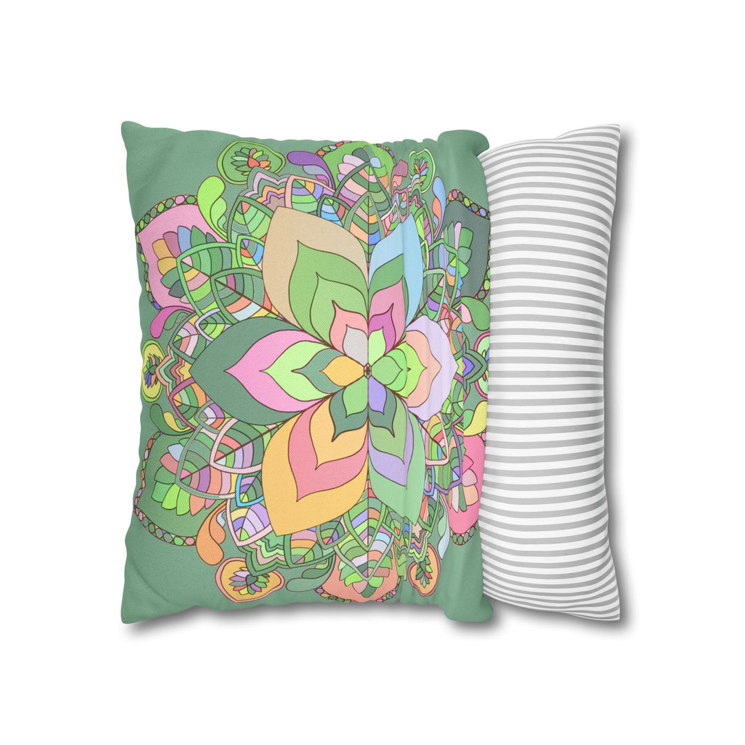 Spun Polyester Square Pillowcase Mandala Art - Original Fine Art - Hand - drawn - Pastel colors, Light Moss Green - Blululi