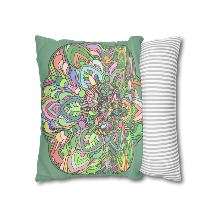 Spun Polyester Square Pillowcase Mandala Art - Original Fine Art - Hand - drawn - Pastel colors, Light Moss Green - Blululi