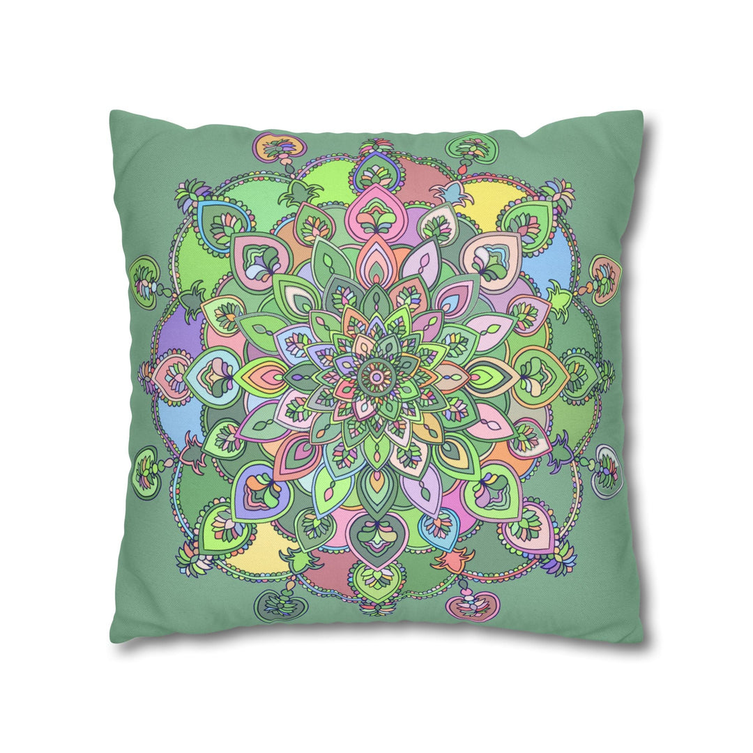 Spun Polyester Square Pillowcase Mandala Art - Original Fine Art - Hand - drawn - Pastel colors, Light Moss Green - Blululi