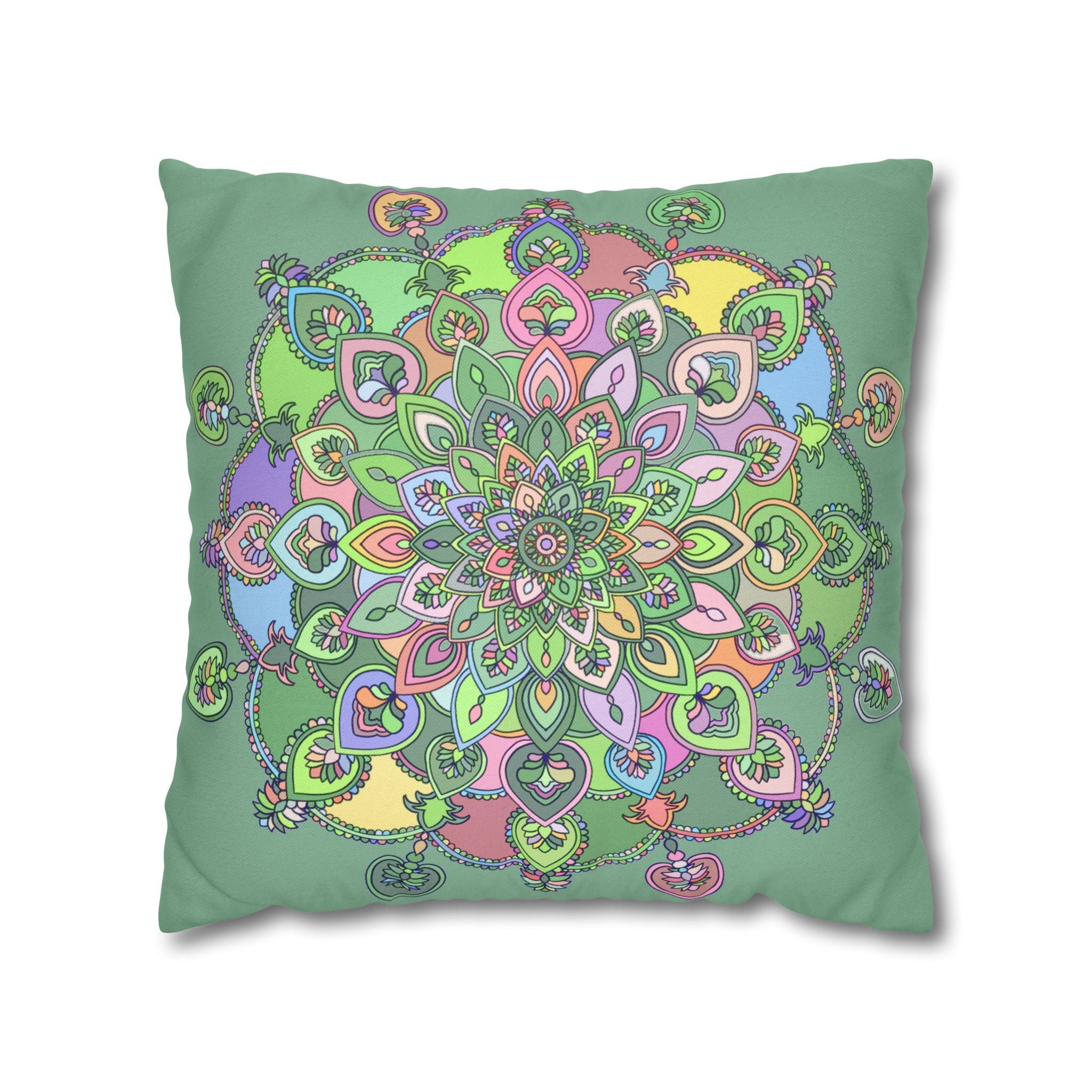 Spun Polyester Square Pillowcase Mandala Art - Original Fine Art - Hand - drawn - Pastel colors, Light Moss Green - Blululi