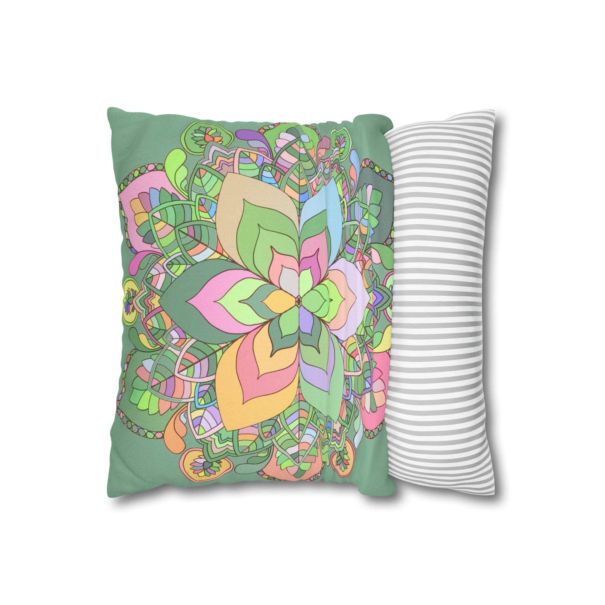 Spun Polyester Square Pillowcase Mandala Art - Original Fine Art - Hand - drawn - Pastel colors, Light Moss Green - Blululi