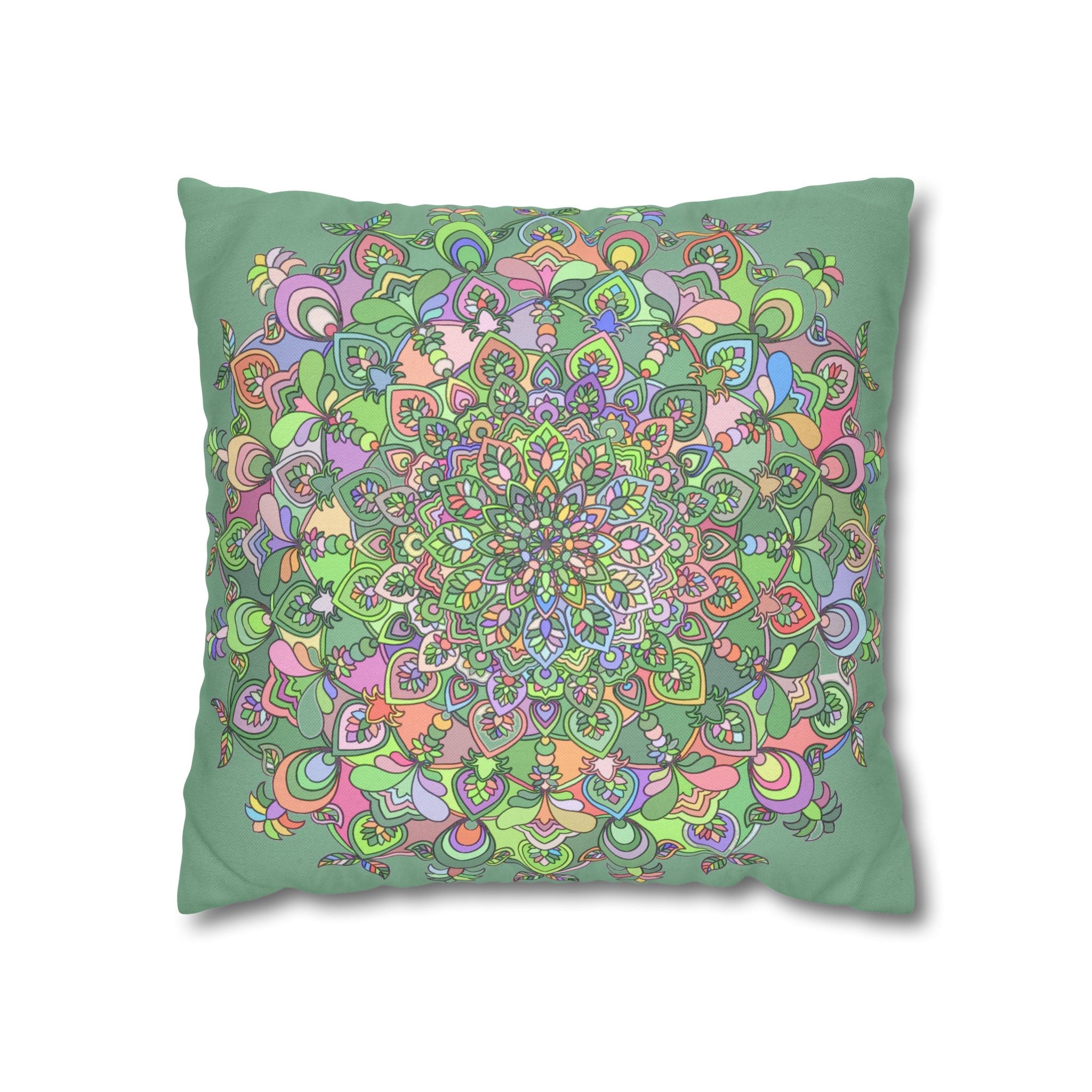 Spun Polyester Square Pillowcase Mandala Art - Original Fine Art - Hand - drawn - Pastel colors, Light Moss Green - Blululi