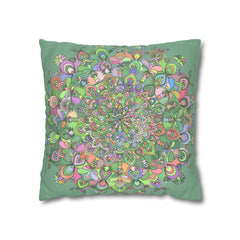 Spun Polyester Square Pillowcase Mandala Art - Original Fine Art - Hand - drawn - Pastel colors, Light Moss Green - Blululi