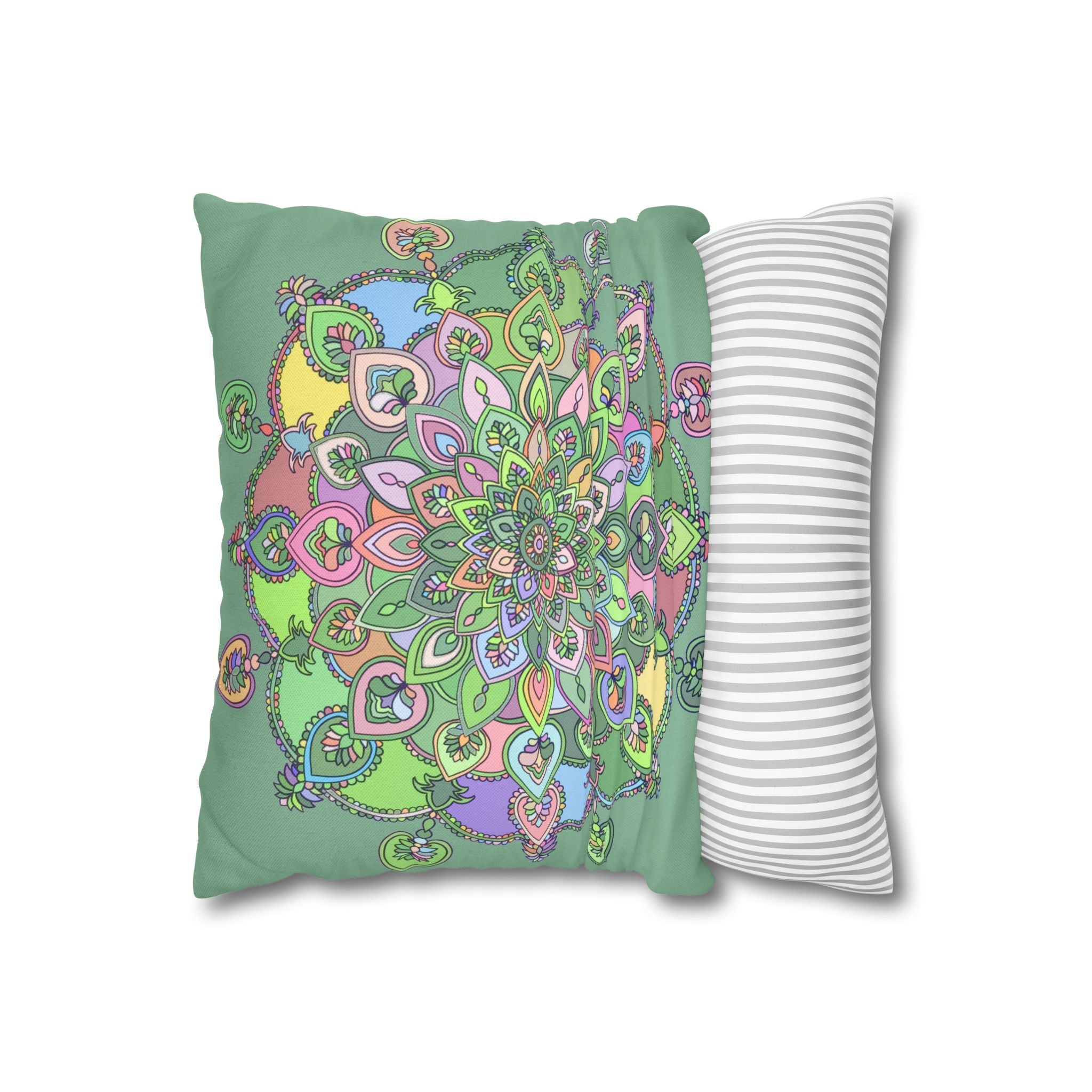 Spun Polyester Square Pillowcase Mandala Art - Original Fine Art - Hand - drawn - Pastel colors, Light Moss Green - Blululi