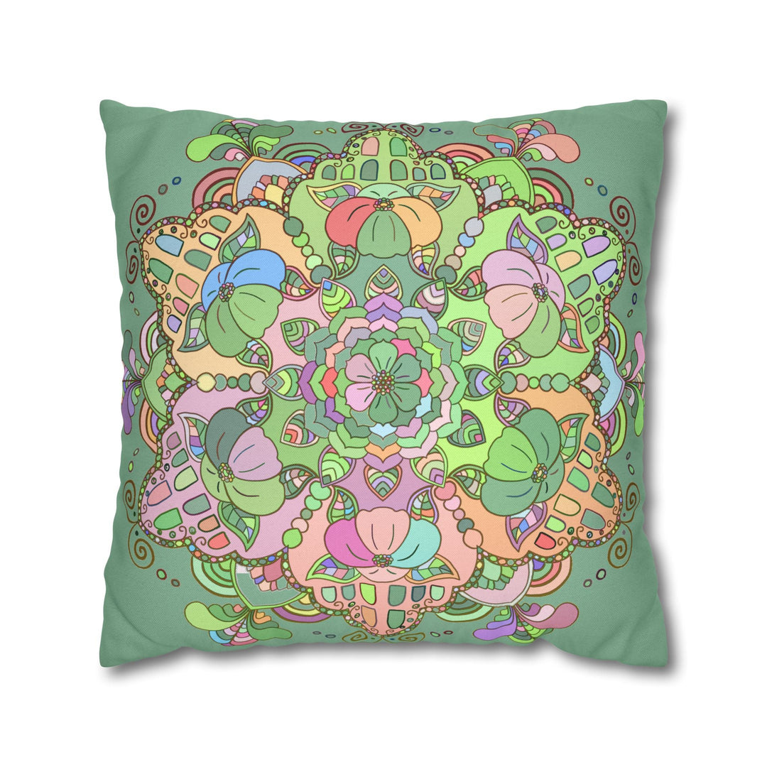 Spun Polyester Square Pillowcase Mandala Art - Original Fine Art - Hand - drawn - Pastel colors, Light Moss Green - Blululi