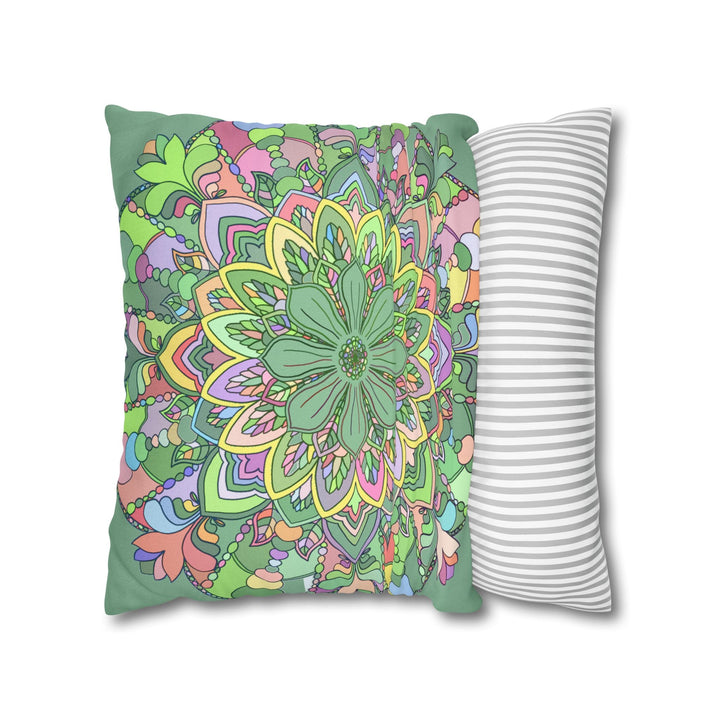 Spun Polyester Square Pillowcase Mandala Art - Original Fine Art - Hand - drawn - Pastel colors, Light Moss Green - Blululi