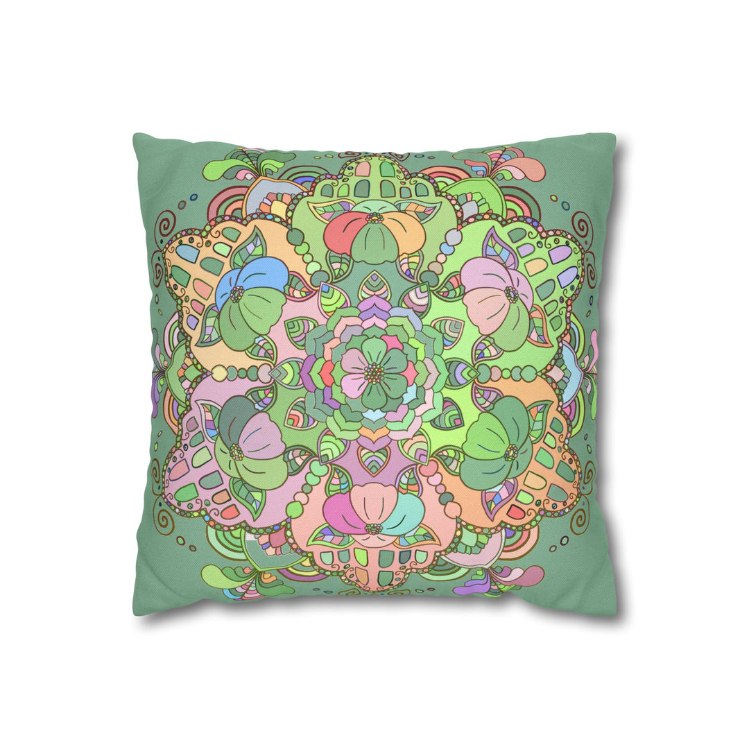 Spun Polyester Square Pillowcase Mandala Art - Original Fine Art - Hand - drawn - Pastel colors, Light Moss Green - Blululi