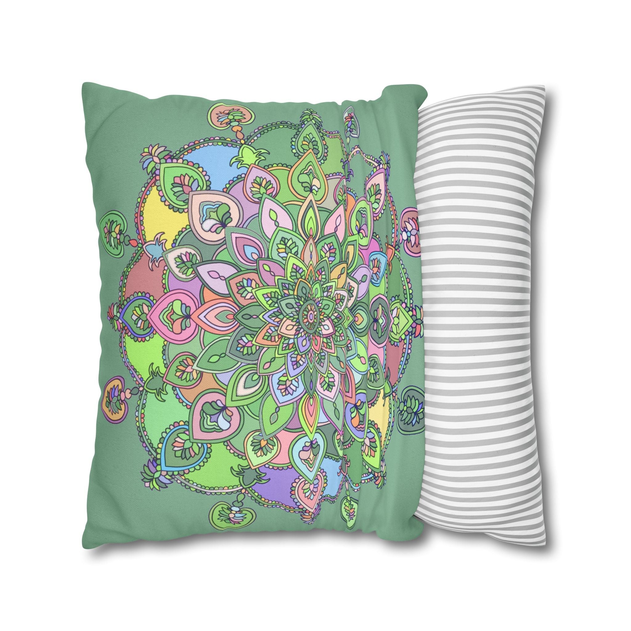 Spun Polyester Square Pillowcase Mandala Art - Original Fine Art - Hand - drawn - Pastel colors, Light Moss Green - Blululi