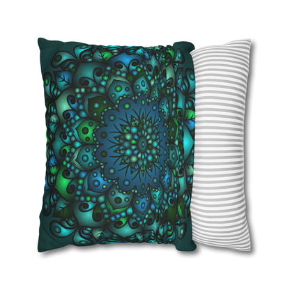 Spun Polyester Square Pillowcase Mandala Art - Original Fine Art - Hand - drawn - Petroleum Green - Blululi