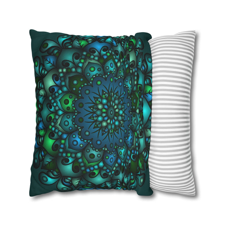 Spun Polyester Square Pillowcase Mandala Art - Original Fine Art - Hand - drawn - Petroleum Green - Blululi