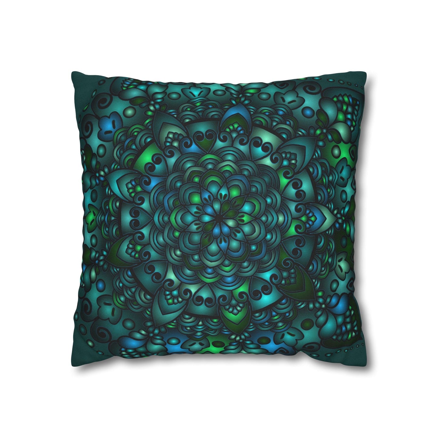 Spun Polyester Square Pillowcase Mandala Art - Original Fine Art - Hand - drawn - Petroleum Green - Blululi