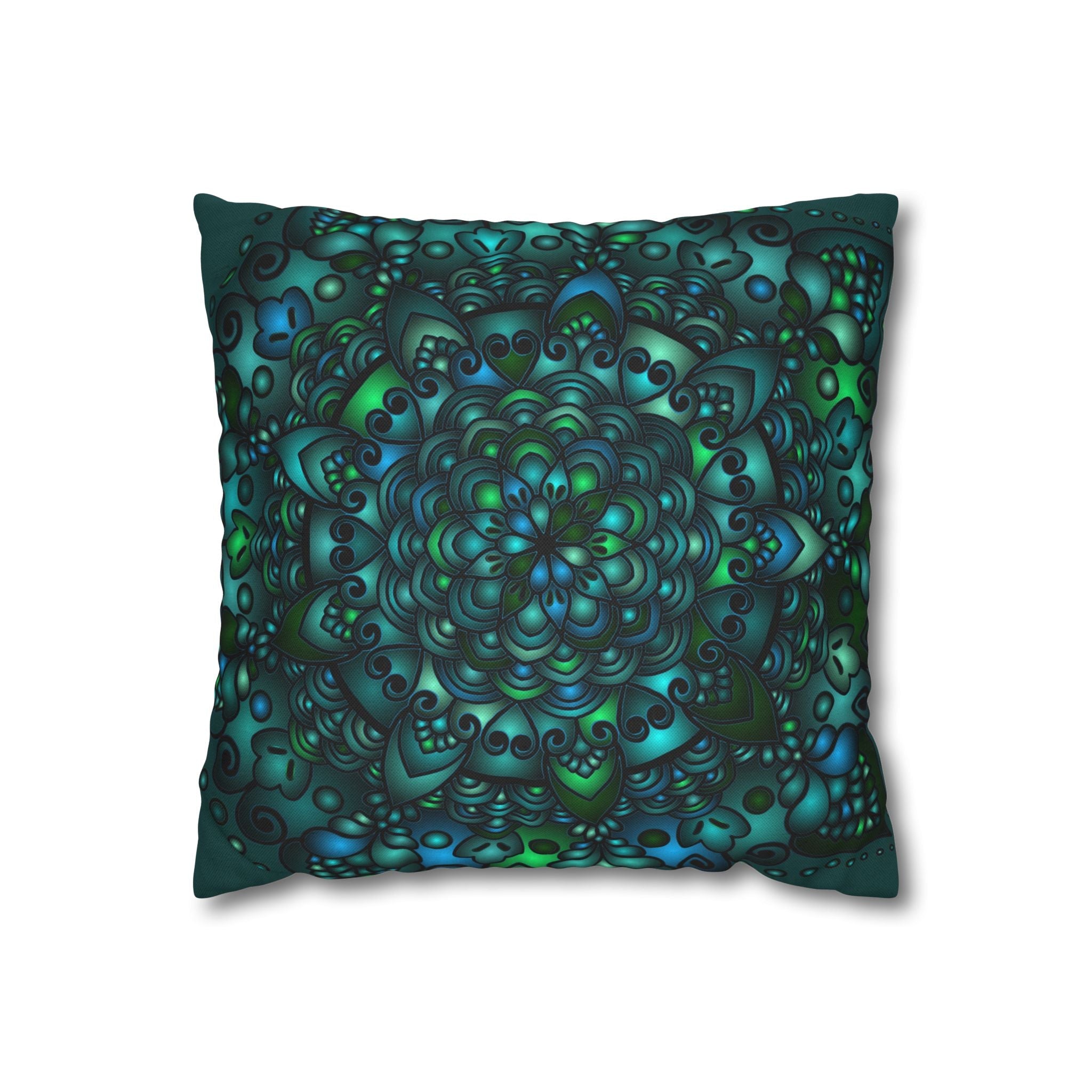 Spun Polyester Square Pillowcase Mandala Art - Original Fine Art - Hand - drawn - Petroleum Green - Blululi