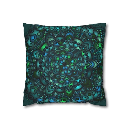 Spun Polyester Square Pillowcase Mandala Art - Original Fine Art - Hand - drawn - Petroleum Green - Blululi