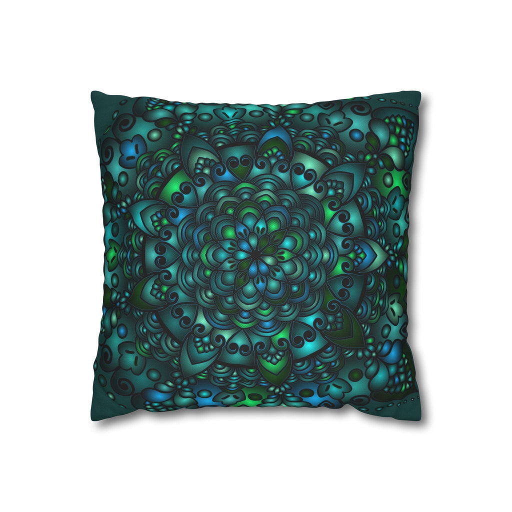 Spun Polyester Square Pillowcase Mandala Art - Original Fine Art - Hand - drawn - Petroleum Green - Blululi