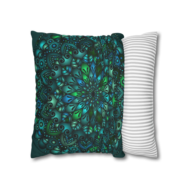 Spun Polyester Square Pillowcase Mandala Art - Original Fine Art - Hand - drawn - Petroleum Green - Blululi