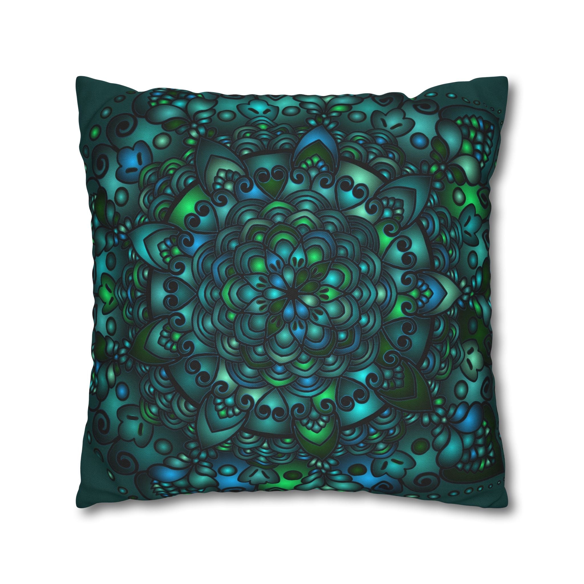 Spun Polyester Square Pillowcase Mandala Art - Original Fine Art - Hand - drawn - Petroleum Green - Blululi